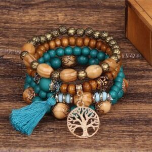 Turquoise tree of life bracelet wooden beaded layered boho tassel